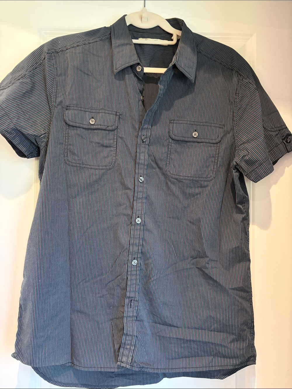 Kenneth Cole Men's Short-Sleeve Navy Pinstripe Button-Down Shirt